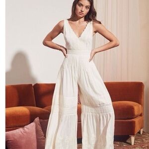 Free People White Ivory Embroidered Lace Jumpsuit size 8 Wide Leg Paloma